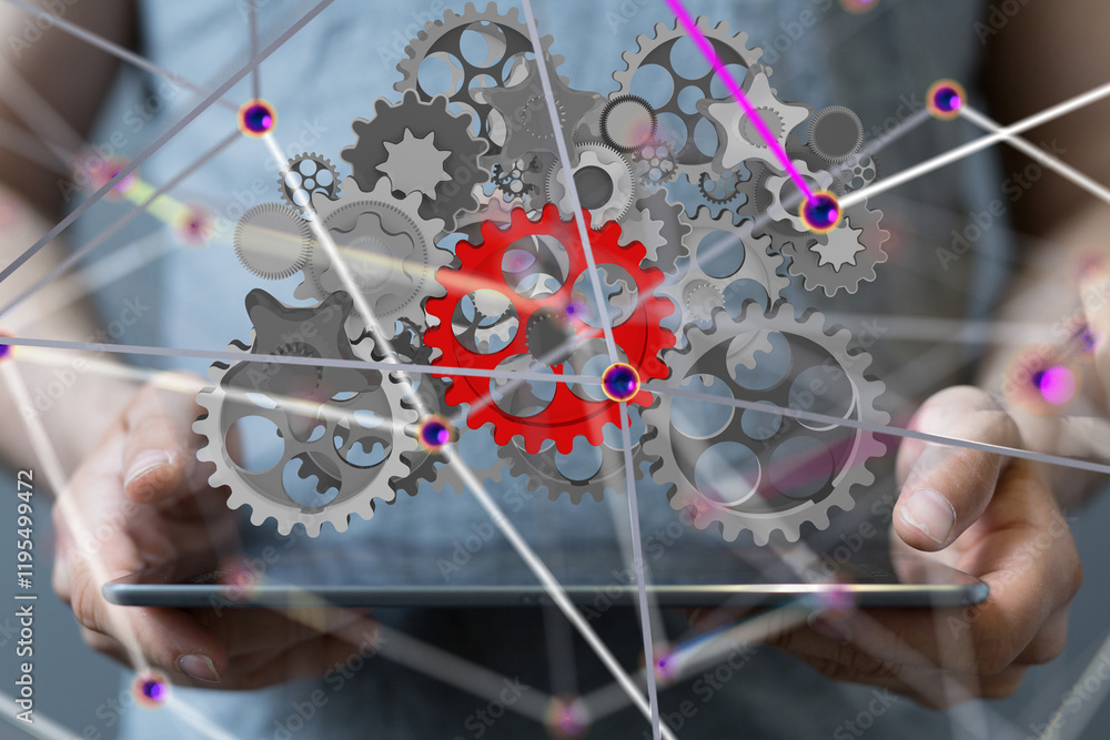 Poster gear system data. Connecting lines and dots.Big data visualization  - 3d