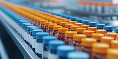 Obraz premium A close-up view of a production line featuring rows of vials with colorful caps, indicative of a pharmaceutical manufacturing process.