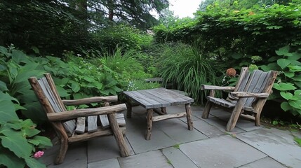 Rustic Wooden Chairs and Table in Lush Garden