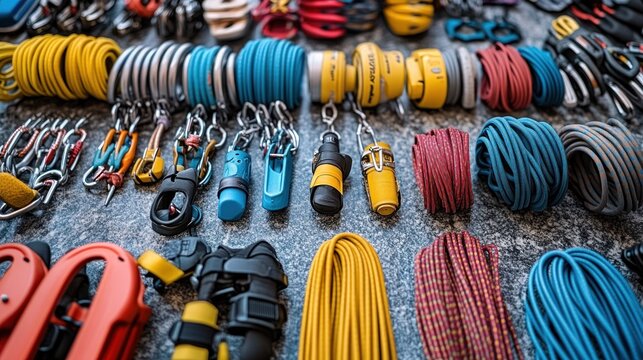 Colorful climbing gear and ropes arranged on a surface.