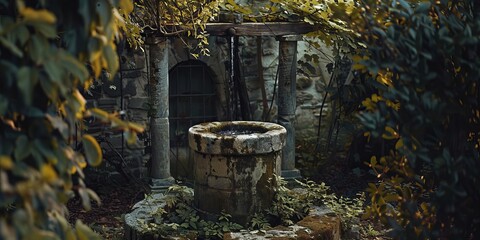 An overgrown stone well surrounded by lush greenery in a tranquil, abandoned setting.