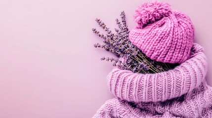 Fototapeta premium Lavender Bouquet in Knitted Winter Hat and Sweater