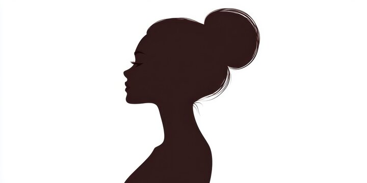A graceful profile of a woman with a bun hairstyle highlights her delicate features, captured in a simple and clean design on a light background