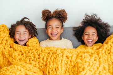 Joyful Sibling Bonding Diverse Children Laughing Under Cozy Blanket