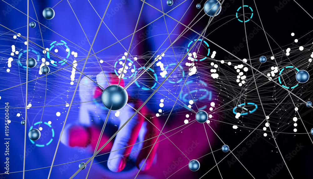 Poster Global network. Blockchain. 3D illustration. Neural networks and artificial intelligence. Abstract