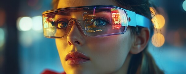 Young female with ar glasses observing digital interfaces at night