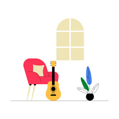 Guitar And Armchair In Flat Vector Illustration Symbolizing Relaxation, Music, And Comfort, Isolated On White Background