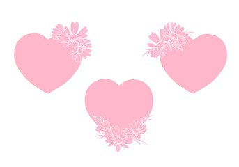 Set hand drawn illustration of a pink hearts and flowers daisy decoration. Elegant and romantic design. Ideal for Valentine's Day cards, wedding invitations, packaging, posters.