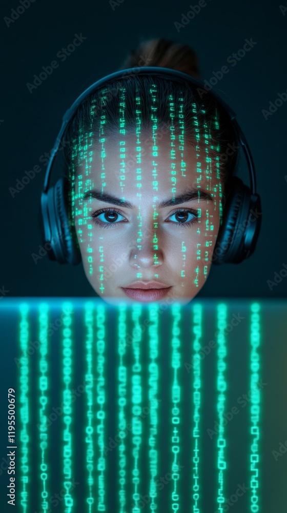Poster cyberpunk latina woman monitoring encrypted data on laptop in low light