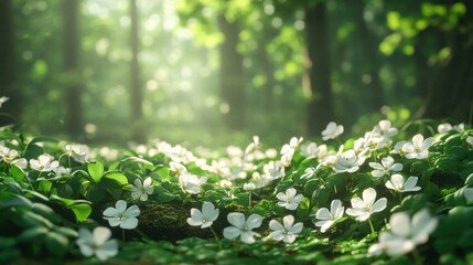 Obraz premium Tranquil forest with sunlit blossoms on a serene mossy floor