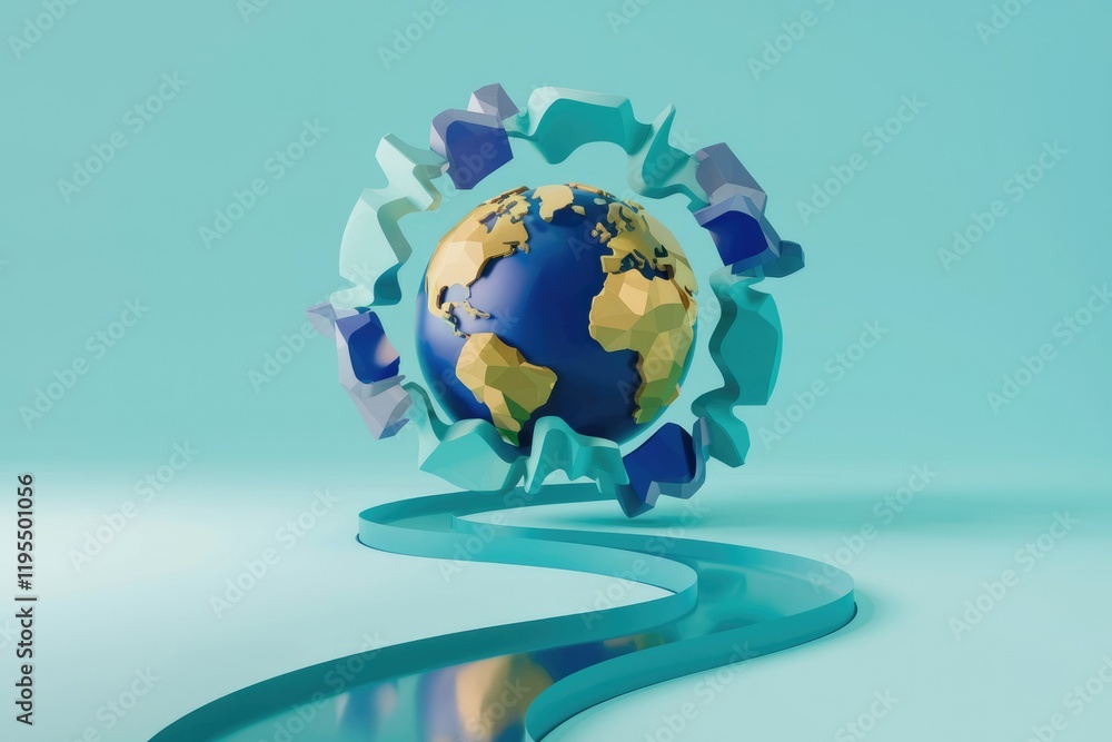Poster stylized 3d earth model encircled by teal wave-like structures, representing global connectivity or 