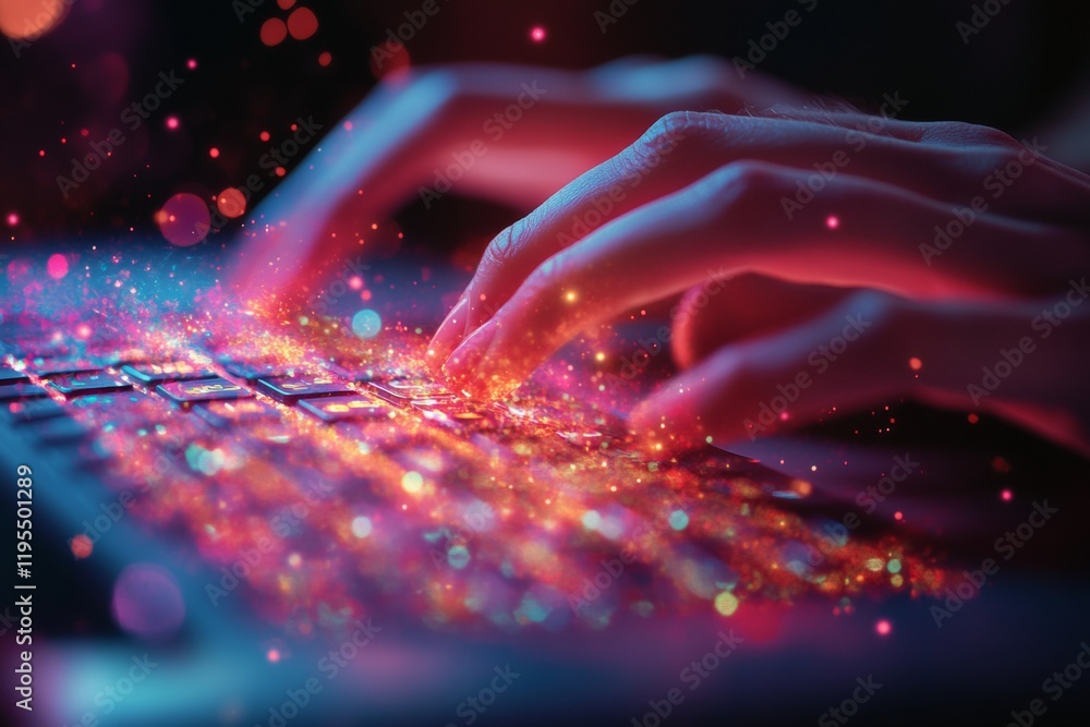 Aufkleber holographic data streams on keyboard in soft pastel glow