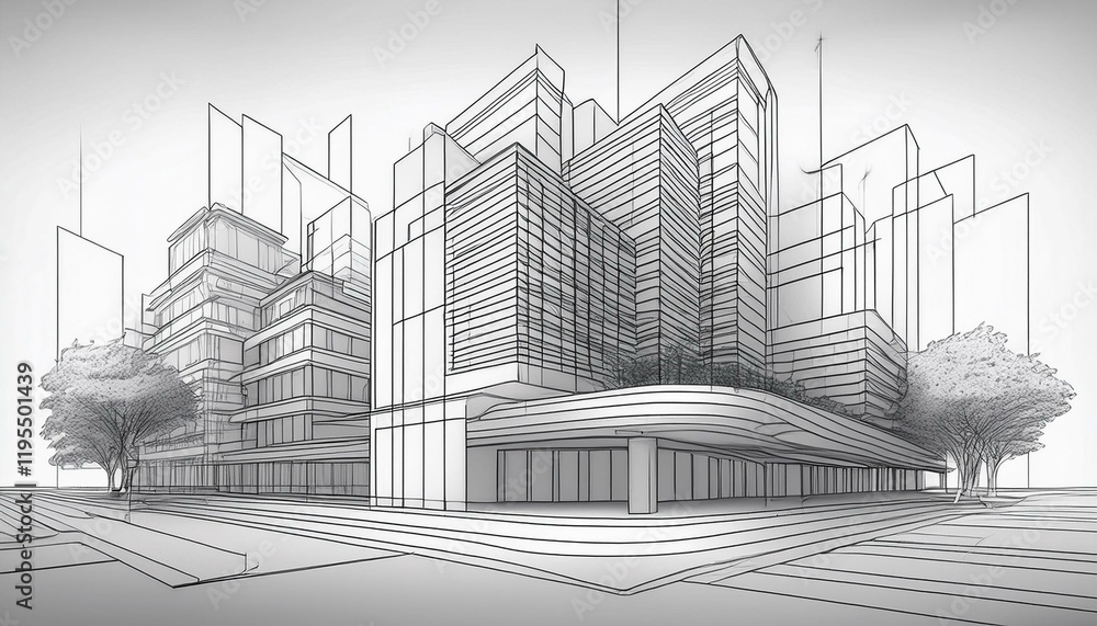 Aufkleber 3d illustration linear drawing architecture urban building design architecture modern abstract backg