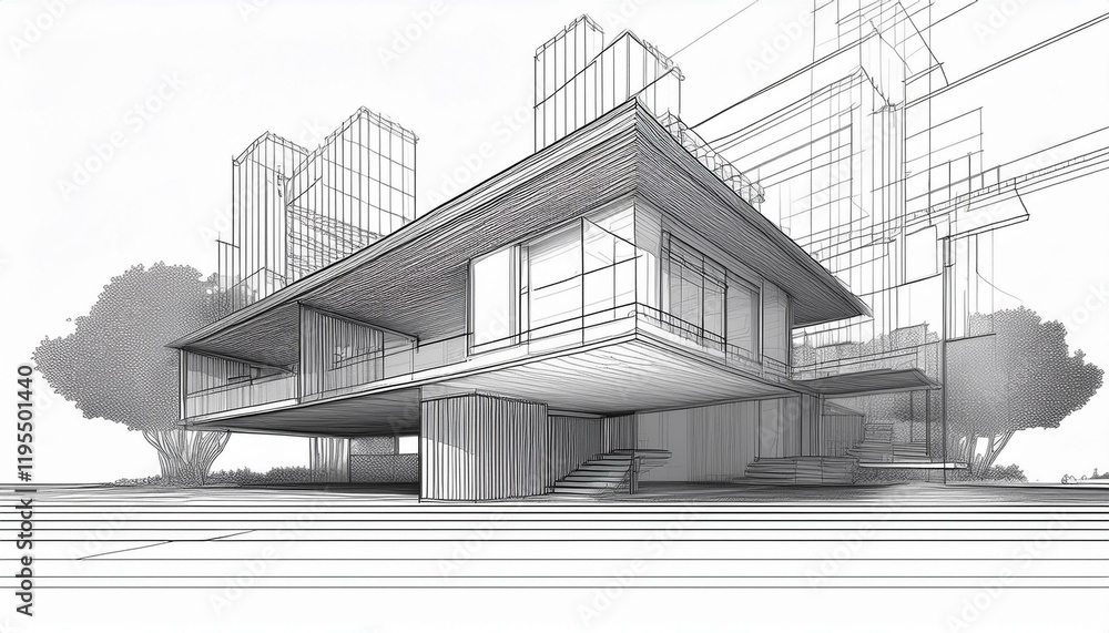 Aufkleber 3d illustration linear drawing imagination architecture building design architecture modern house ab