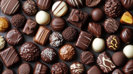 Assorted gourmet chocolate pralines in various shapes and textures