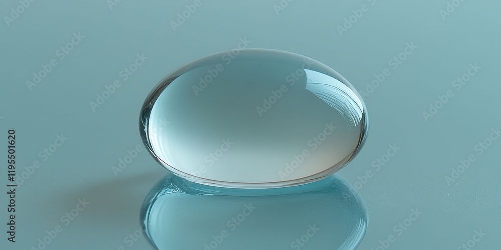 Poster a clear glass sphere rests on a smooth blue surface, casting a light reflection and shadow, creating