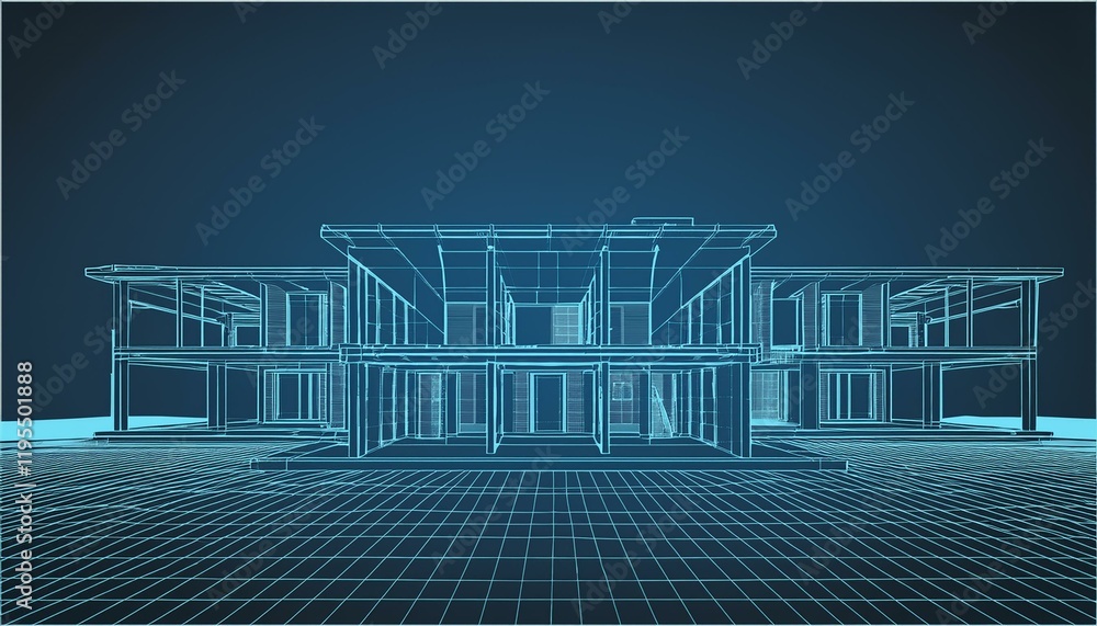 Aufkleber 3d render of building wireframe structure perspective wireframe of house exterior abstract construct