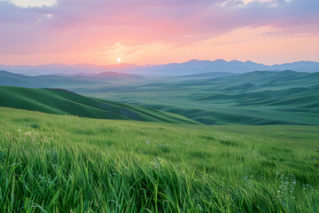 Fototapeta premium Serene and Majestic: A Scenic View of the Kazakh Countryside Amidst a Setting Sun