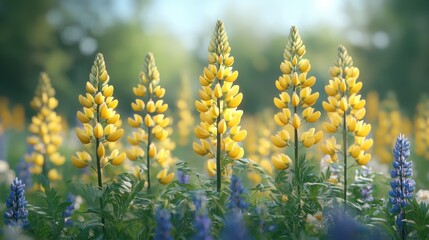 Vibrant yellow and blue lupines blooming in sunlit meadow