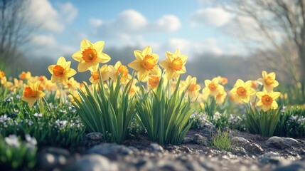 Sunny spring daffodils blooming in a vibrant field under a blue sky