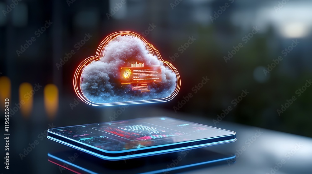 Poster visually striking image showcasing a futuristic cloud based smart media platform with a glowing holo
