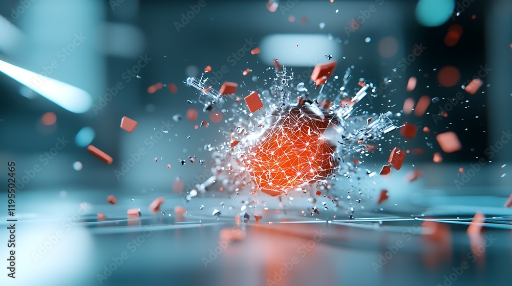 Poster visually striking image depicting an explosive shattered glass effect with dynamic fragments and a b