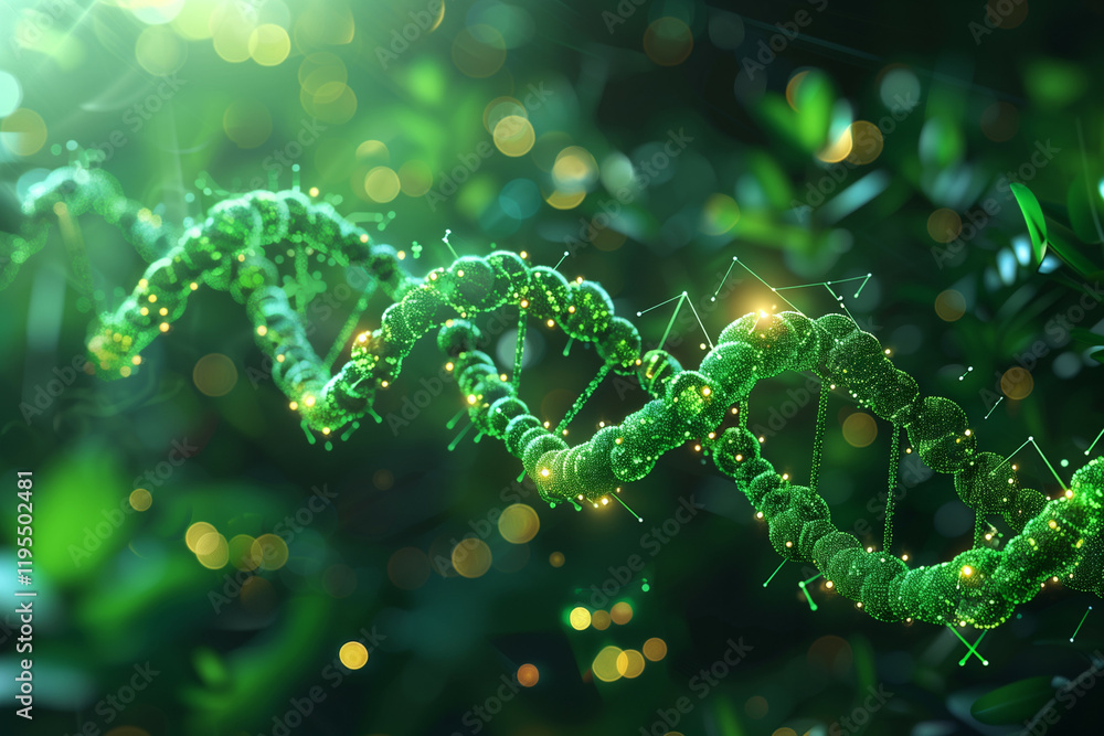 Poster stunning visual representation of dna strands illuminated with green particles and connecting lines 