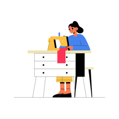 Female Seamstress Using Sewing Machine In Flat Vector Illustration Symbolizing Craftsmanship, Tailoring, And Creativity, Isolated On White Background