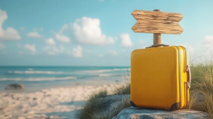 Yellow suitcase on a beach with wooden signpost in summer setting