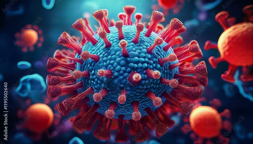 Poster a close up view of a spherical virus particle with a blue core and red spike proteins protruding fro