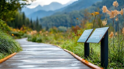 Winding wooden pathway through a picturesque geothermal park featuring informational signs and markers to guide visitors on an educational and adventurous outdoor