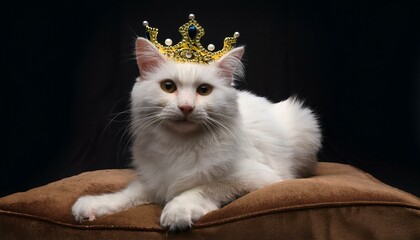 a cat with elegant white fur sitting on a velvet cushion wearing a small royal crown adorned with pearls
