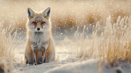 Fox in snowy meadow golden hour