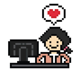 Obraz premium Cartoon cute pixel cartoon 8bit character business woman office smart work game for decoration business 8 bit female lady teacher businesswoman career smart character game png vector.