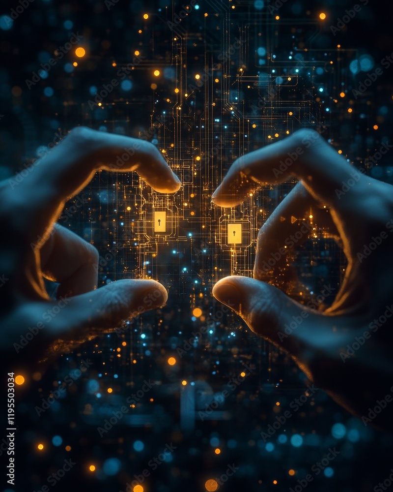 Aufkleber Cyberpunk Collaboration Two Hands Sharing Illuminated Security Keys Amidst Digital Encryption Symbols