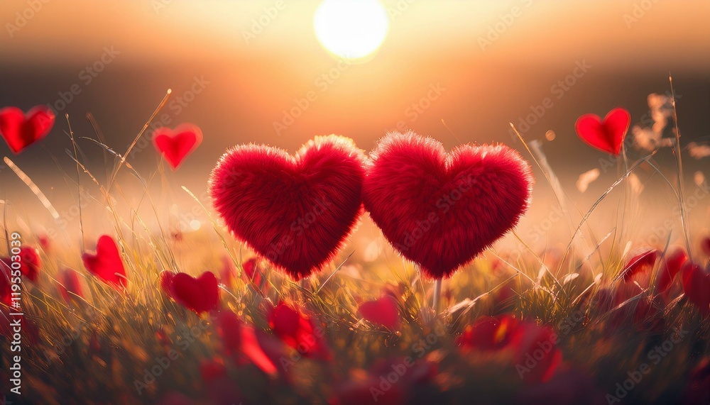Poster a festive scene for valentine s day featuring two red fuzzy hearts in a field of grass and red petal