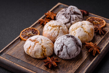Sweet freshly baked round cookies of several types
