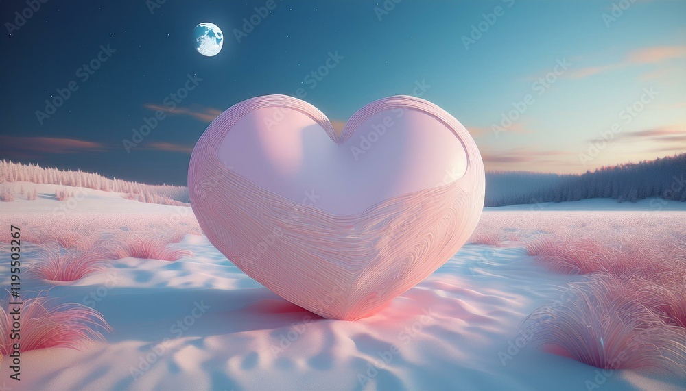 Poster a heart shaped object in a snowy field with a full moon in the background featuring a soft pastel co