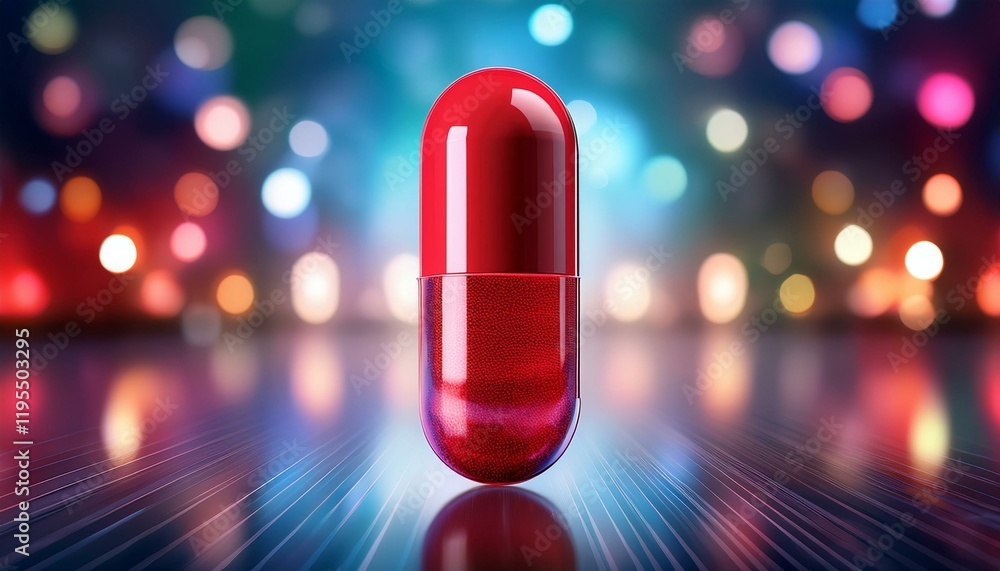 Poster a large glossy red capsule is prominently displayed against a vibrant background of blurred multicol