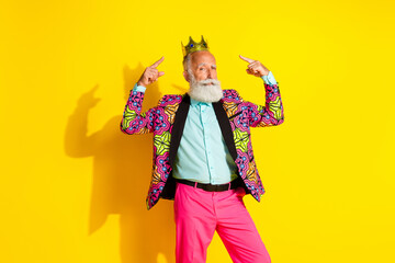 Photo of attractive retired man point proud king crown dressed stylish colorful pink fancy clothes...