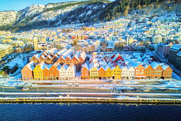 Aerial view of wooden district Bryggen in Bergen in winter, Norway