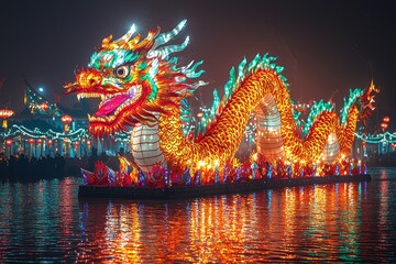 Obraz premium Stunning Vibrant Dragon Lantern Illuminates the Night Water with Reflections, Celebrating Culture and Tradition in a Festive Atmosphere with Colorful Lights