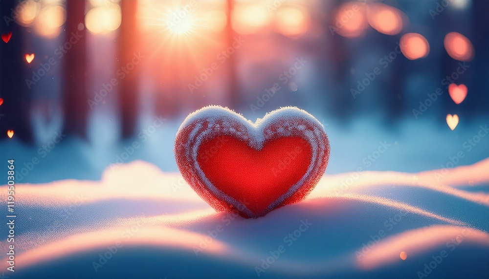 Poster a red heart in the snow with a blurred background of trees and a bright sun in a festive style with 