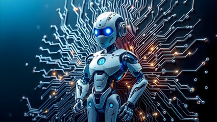 Humanoid Robot in a Network of Circuits,
AI-Powered Robot on a Futuristic Circuit Board,The Rise of Intelligent Machines
Future of Technology, A Humanoid Robot
 Evolution,A Glimpse into the Future