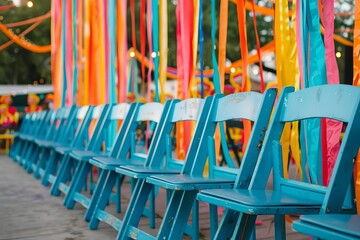 Colorful chairs lined up with vibrant ribbons for a festive event.