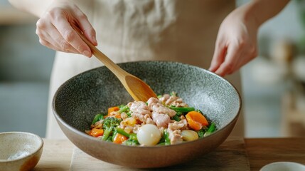 Hands Preparing Vibrant Stir-Fry Meal in Rustic Kitchen Setting