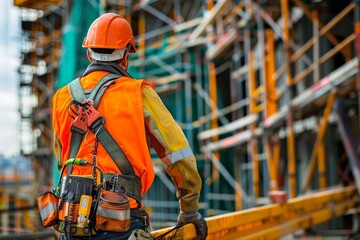 Construction worker in safety gear overseeing scaffolding at a building site.