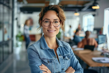 Fototapeta premium Confident young professional woman with glasses smiling in modern coworking office space