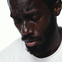 Obraz premium closeup of a face of a crying black man on white background 