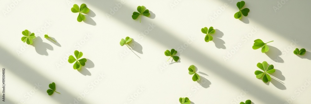 Poster scattered shamrocks on minimalist white background with soft shadows